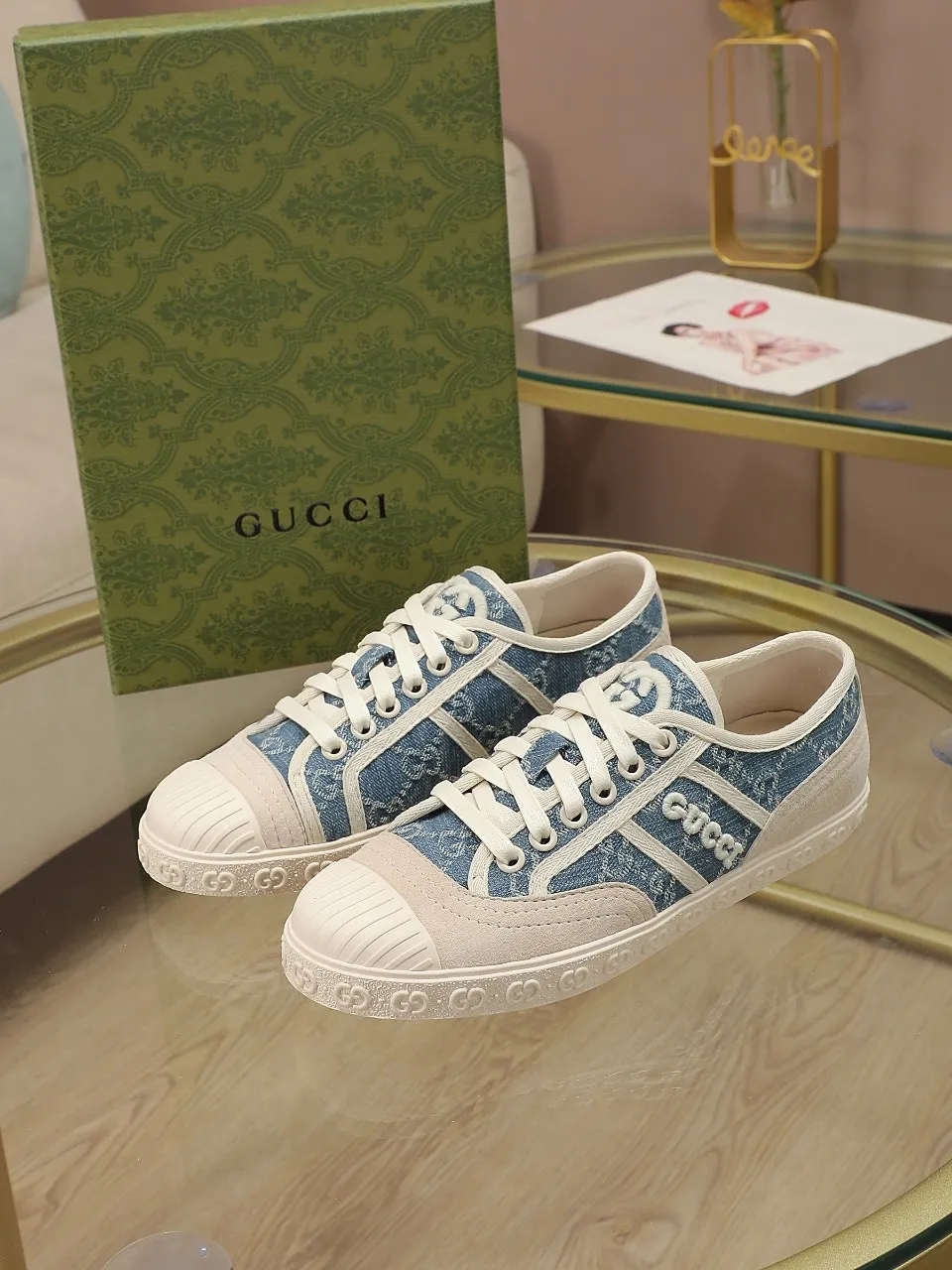 👟👟Ex-factory price 420👟👟 GUCCI~24 The latest double G embroidered low-cut lace-up fashion sneakers, originally developed, the fabric is exclusive double G fabric, the upper is perfectly matched with special craftsmanship, the lining is sheepskin, rubber outsole, size 35 to 40